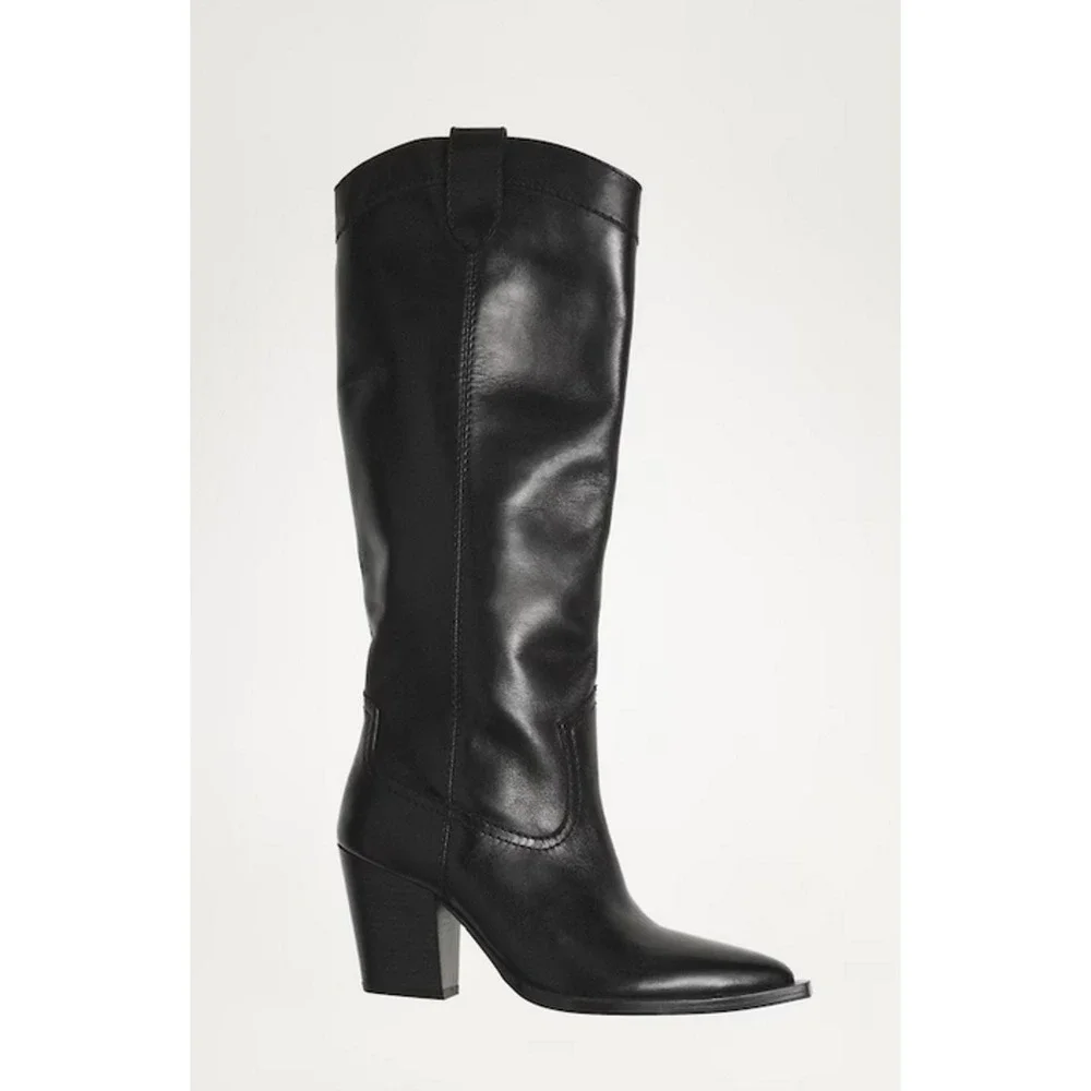 NEW MANGO MNG BLACK LEATHER COWBOY BOOTS SZ 38 7.5 - Picture 4 of 10